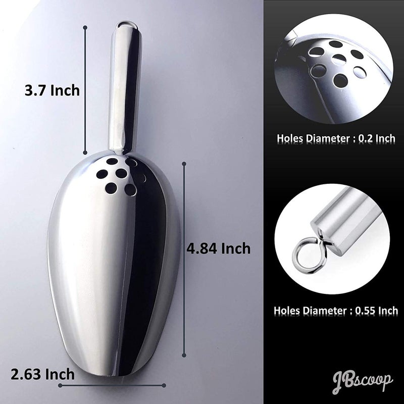 JBscoop Ice Scoop with Holes. Stainless Steel Ice Scoop with Drain Holes to Reduce Unwanted Dilution. Heavy Duty and Dishwasher Safe. Six Ounce Capacity. - Image 4